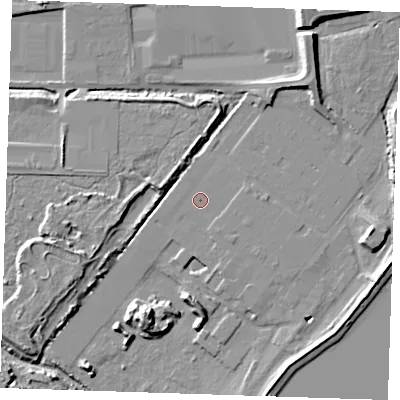 Shaded relief map of the ground around RM203AG, computed from Environment Agency LiDAR. The ground here sits at about 3 m above sea level and falls 11 m across the surrounding 800 m. Surface water reaching this point runs off ground lying to the south-south-east, 0.7 m higher.
