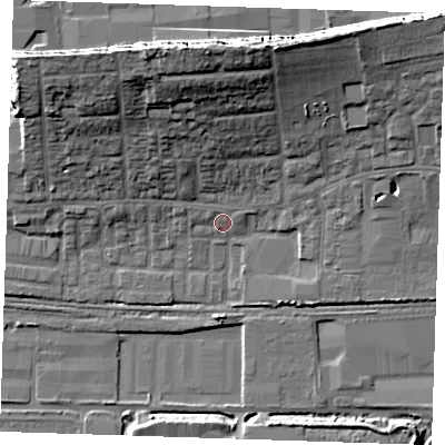 Shaded relief map of the ground around RM203AJ, computed from Environment Agency LiDAR. The ground here sits at about 4 m above sea level and falls 22 m across the surrounding 800 m. Surface water reaching this point runs off ground lying to the north-north-west, 18.1 m higher.