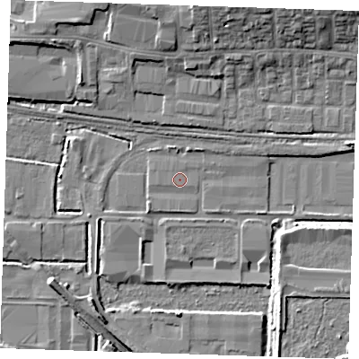 Shaded relief map of the ground around RM203AL, computed from Environment Agency LiDAR. The ground here sits at about 1 m above sea level and falls 13 m across the surrounding 800 m. The ground contributing surface water to this point lies to the south.