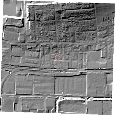 Shaded relief map of the ground around RM203AP, computed from Environment Agency LiDAR. The ground here sits at about 3 m above sea level and falls 22 m across the surrounding 800 m. Surface water reaching this point runs off ground lying to the north, 17.7 m higher.