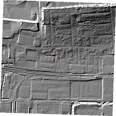 Shaded relief map of the ground around RM203AQ, computed from Environment Agency LiDAR. The ground here sits at about 3 m above sea level and falls 22 m across the surrounding 800 m. Surface water reaching this point runs off ground lying to the north, 17.5 m higher.
