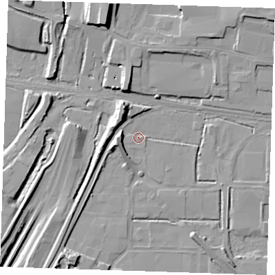 Shaded relief map of the ground around RM203AR, computed from Environment Agency LiDAR. The ground here sits at about 1 m above sea level and falls 21 m across the surrounding 800 m. Surface water reaching this point runs off ground lying to the west-north-west, 9.6 m higher.