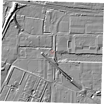 Shaded relief map of the ground around RM203AS, computed from Environment Agency LiDAR. The ground here sits at about 1 m above sea level and falls 15 m across the surrounding 800 m. Surface water reaching this point runs off ground lying to the north-west, 10.7 m higher.