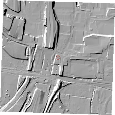 Shaded relief map of the ground around RM203AT, computed from Environment Agency LiDAR. The ground here sits at about 5 m above sea level and falls 21 m across the surrounding 800 m. Surface water reaching this point runs off ground lying to the south, 5.5 m higher.