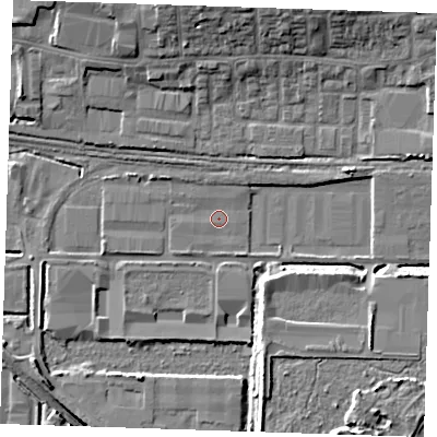 Shaded relief map of the ground around RM203AU, computed from Environment Agency LiDAR. The ground here sits at about 1 m above sea level and falls 13 m across the surrounding 800 m. Surface water reaching this point runs off ground lying to the south-west, 1.0 m higher.