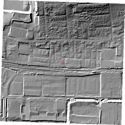 Shaded relief map of the ground around RM203BA, computed from Environment Agency LiDAR. The ground here sits at about 3 m above sea level and falls 20 m across the surrounding 800 m. Surface water reaching this point runs off ground lying to the north, 16.2 m higher.
