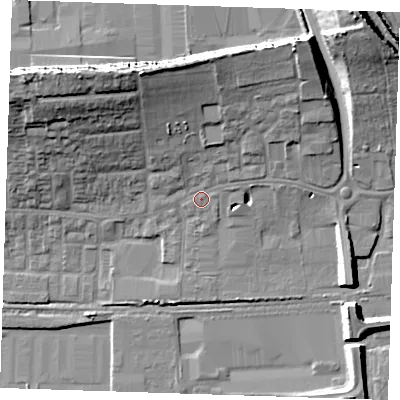 Shaded relief map of the ground around RM203BJ, computed from Environment Agency LiDAR. The ground here sits at about 5 m above sea level and falls 21 m across the surrounding 800 m. Surface water reaching this point runs off ground lying to the north, 12.2 m higher.