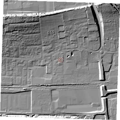 Shaded relief map of the ground around RM203BP, computed from Environment Agency LiDAR. The ground here sits at about 5 m above sea level and falls 22 m across the surrounding 800 m. Surface water reaching this point runs off ground lying to the north-east, 1.6 m higher.