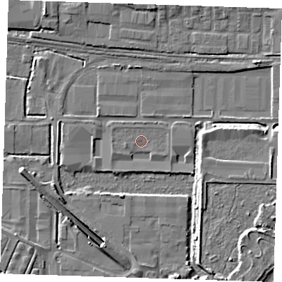 Shaded relief map of the ground around RM203ED, computed from Environment Agency LiDAR. The ground here sits at about 1 m above sea level and falls 11 m across the surrounding 800 m. Surface water reaching this point runs off ground lying to the west-south-west, 1.5 m higher.