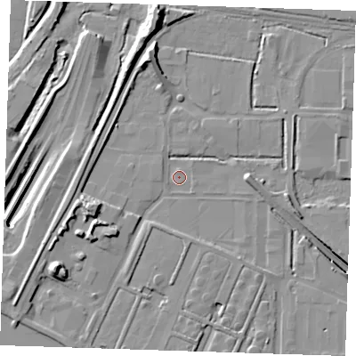 Shaded relief map of the ground around RM203EE, computed from Environment Agency LiDAR. The ground here sits at about 1 m above sea level and falls 18 m across the surrounding 800 m. Surface water reaching this point runs off ground lying to the west, 1.2 m higher.