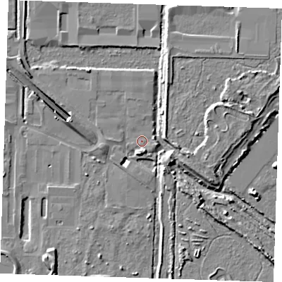 Shaded relief map of the ground around RM203EF, computed from Environment Agency LiDAR. The ground here sits at about 1 m above sea level and falls 11 m across the surrounding 800 m. Surface water reaching this point runs off ground lying to the south, 4.3 m higher.