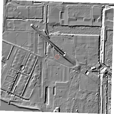 Shaded relief map of the ground around RM203EG, computed from Environment Agency LiDAR. The ground here sits at about 1 m above sea level and falls 11 m across the surrounding 800 m. Surface water reaching this point runs off ground lying to the south, 5.9 m higher.