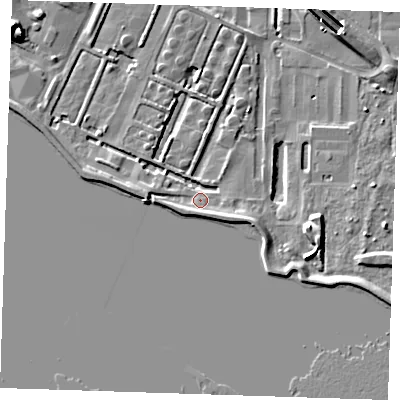Shaded relief map of the ground around RM203EY, computed from Environment Agency LiDAR. The ground here sits at about 3 m above sea level and falls 15 m across the surrounding 800 m. Surface water reaching this point runs off ground lying to the south-east, 3.9 m higher.