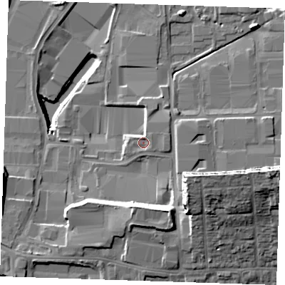 Shaded relief map of the ground around RM203FH, computed from Environment Agency LiDAR. The ground here sits at about 3 m above sea level and falls 26 m across the surrounding 800 m. Surface water reaching this point runs off ground lying to the north, 1.1 m higher.