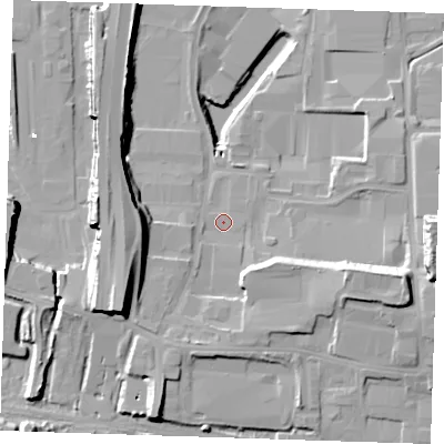 Shaded relief map of the ground around RM203FJ, computed from Environment Agency LiDAR. The ground here sits at about 2 m above sea level and falls 23 m across the surrounding 800 m. Surface water reaching this point runs off ground lying to the east-south-east, 9.8 m higher.