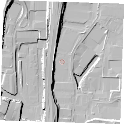 Shaded relief map of the ground around RM203FN, computed from Environment Agency LiDAR. The ground here sits at about 1 m above sea level and falls 25 m across the surrounding 800 m. Surface water reaching this point runs off ground lying to the south-south-west, 11.3 m higher.