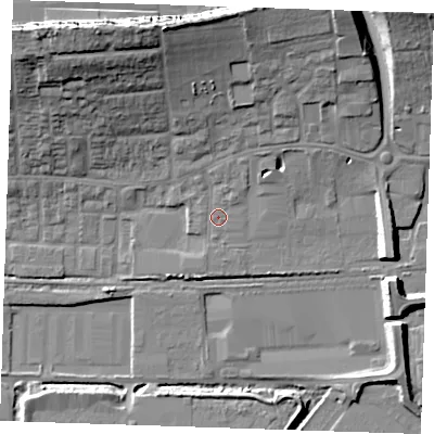 Shaded relief map of the ground around RM203HA, computed from Environment Agency LiDAR. The ground here sits at about 4 m above sea level and falls 22 m across the surrounding 800 m. Surface water reaching this point runs off ground lying to the north-north-west, 14.6 m higher.