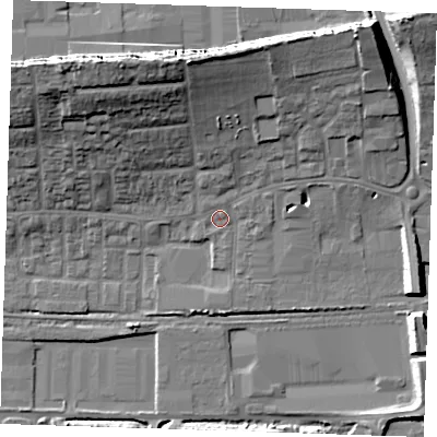 Shaded relief map of the ground around RM203HD, computed from Environment Agency LiDAR. The ground here sits at about 4 m above sea level and falls 22 m across the surrounding 800 m. Surface water reaching this point runs off ground lying to the north, 1.4 m higher.