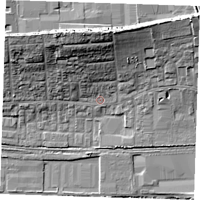 Shaded relief map of the ground around RM203HL, computed from Environment Agency LiDAR. The ground here sits at about 4 m above sea level and falls 21 m across the surrounding 800 m. Surface water reaching this point runs off ground lying to the north-north-west, 13.8 m higher.