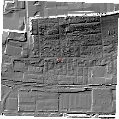 Shaded relief map of the ground around RM203HX, computed from Environment Agency LiDAR. The ground here sits at about 5 m above sea level and falls 22 m across the surrounding 800 m. Surface water reaching this point runs off ground lying to the north, 15.7 m higher.