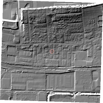 Shaded relief map of the ground around RM203JA, computed from Environment Agency LiDAR. The ground here sits at about 3 m above sea level and falls 22 m across the surrounding 800 m. Surface water reaching this point runs off ground lying to the north-west, 2.9 m higher.