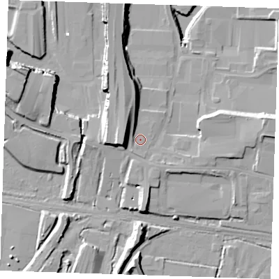 Shaded relief map of the ground around RM203JQ, computed from Environment Agency LiDAR. The ground here sits at about 5 m above sea level and falls 21 m across the surrounding 800 m. Surface water reaching this point runs off ground lying to the north-west, 3.0 m higher.