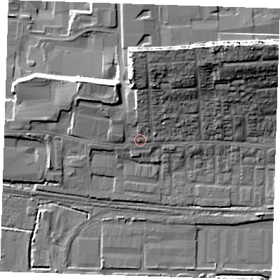Shaded relief map of the ground around RM203JT, computed from Environment Agency LiDAR. The ground here sits at about 6 m above sea level and falls 22 m across the surrounding 800 m. Surface water reaching this point runs off ground lying to the north-north-east, 1.8 m higher.