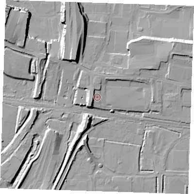 Shaded relief map of the ground around RM203LG, computed from Environment Agency LiDAR. The ground here sits at about 4 m above sea level and falls 16 m across the surrounding 800 m. Surface water reaching this point runs off ground lying to the south-west, 5.2 m higher.