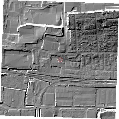 Shaded relief map of the ground around RM203LH, computed from Environment Agency LiDAR. The ground here sits at about 4 m above sea level and falls 22 m across the surrounding 800 m. Surface water reaching this point runs off ground lying to the north-north-east, 11.0 m higher.