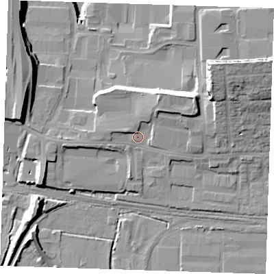 Shaded relief map of the ground around RM203LL, computed from Environment Agency LiDAR. The ground here sits at about 5 m above sea level and falls 25 m across the surrounding 800 m. Surface water reaching this point runs off ground lying to the west-north-west, 2.8 m higher.