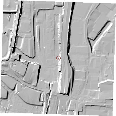 Shaded relief map of the ground around RM203LU, computed from Environment Agency LiDAR. The ground here sits at about -1 m above sea level and falls 27 m across the surrounding 800 m. Surface water reaching this point runs off ground lying to the south-south-east, 16.7 m higher.