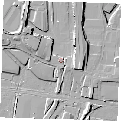 Shaded relief map of the ground around RM203NL, computed from Environment Agency LiDAR. The ground here sits at about 5 m above sea level and falls 26 m across the surrounding 800 m. Surface water reaching this point runs off ground lying to the north-west, 4.5 m higher.
