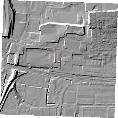 Shaded relief map of the ground around RM203NR, computed from Environment Agency LiDAR. The ground here sits at about 4 m above sea level and falls 21 m across the surrounding 800 m. Surface water reaching this point runs off ground lying to the north-east, 8.6 m higher.