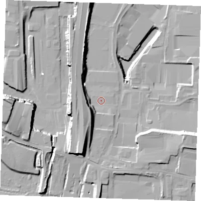 Shaded relief map of the ground around RM203ZD, computed from Environment Agency LiDAR. The ground here sits at about 2 m above sea level and falls 20 m across the surrounding 800 m. Surface water reaching this point runs off ground lying to the south-west, 11.5 m higher.