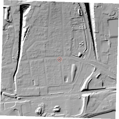 Shaded relief map of the ground around RM204AA, computed from Environment Agency LiDAR. The ground here sits at about 6 m above sea level and falls 22 m across the surrounding 800 m. Surface water reaching this point runs off ground lying to the north, 18.4 m higher.
