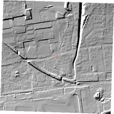 Shaded relief map of the ground around RM204AD, computed from Environment Agency LiDAR. The ground here sits at about 5 m above sea level and falls 19 m across the surrounding 800 m. Surface water reaching this point runs off ground lying to the north, 10.8 m higher.