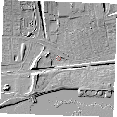 Shaded relief map of the ground around RM204AE, computed from Environment Agency LiDAR. The ground here sits at about 3 m above sea level and falls 13 m across the surrounding 800 m. Surface water reaching this point runs off ground lying to the west-south-west, 9.6 m higher.