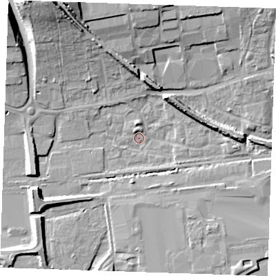 Shaded relief map of the ground around RM204AG, computed from Environment Agency LiDAR. The ground here sits at about 2 m above sea level and falls 18 m across the surrounding 800 m. Surface water reaching this point runs off ground lying to the north-north-west, 12.9 m higher.