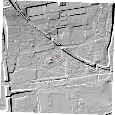Shaded relief map of the ground around RM204AJ, computed from Environment Agency LiDAR. The ground here sits at about 3 m above sea level and falls 20 m across the surrounding 800 m. Surface water reaching this point runs off ground lying to the north-west, 19.6 m higher.