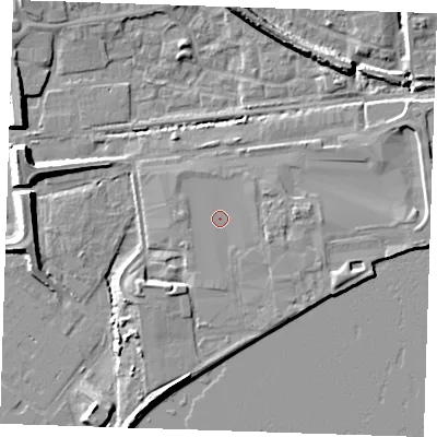 Shaded relief map of the ground around RM204AL, computed from Environment Agency LiDAR. The ground here sits at about 5 m above sea level and falls 10 m across the surrounding 800 m. Surface water reaching this point runs off ground lying to the south-west, 2.1 m higher.