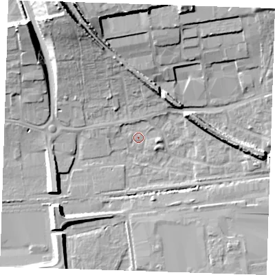 Shaded relief map of the ground around RM204AN, computed from Environment Agency LiDAR. The ground here sits at about 3 m above sea level and falls 20 m across the surrounding 800 m. Surface water reaching this point runs off ground lying to the north-north-west, 19.6 m higher.