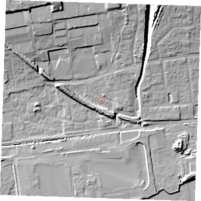 Shaded relief map of the ground around RM204AP, computed from Environment Agency LiDAR. The ground here sits at about 4 m above sea level and falls 19 m across the surrounding 800 m. Surface water reaching this point runs off ground lying to the west-north-west, 6.3 m higher.