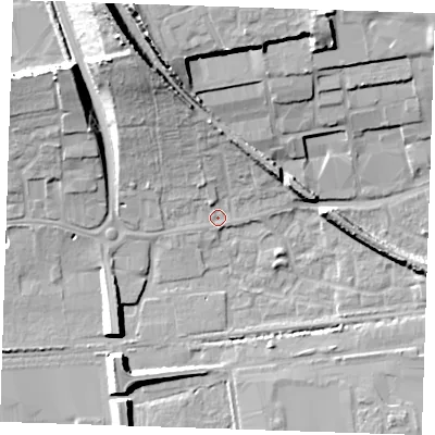 Shaded relief map of the ground around RM204AR, computed from Environment Agency LiDAR. The ground here sits at about 4 m above sea level and falls 22 m across the surrounding 800 m. Surface water reaching this point runs off ground lying to the north-north-west, 19.3 m higher.