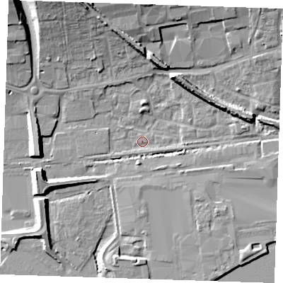 Shaded relief map of the ground around RM204AS, computed from Environment Agency LiDAR. The ground here sits at about 2 m above sea level and falls 13 m across the surrounding 800 m. Surface water reaching this point runs off ground lying to the north-north-east, 7.3 m higher.