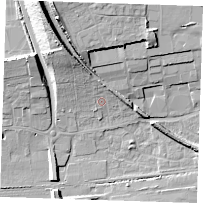 Shaded relief map of the ground around RM204AT, computed from Environment Agency LiDAR. The ground here sits at about 7 m above sea level and falls 25 m across the surrounding 800 m. Surface water reaching this point runs off ground lying to the north-north-west, 19.6 m higher.