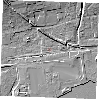 Shaded relief map of the ground around RM204AW, computed from Environment Agency LiDAR. The ground here sits at about 3 m above sea level and falls 14 m across the surrounding 800 m. Surface water reaching this point runs off ground lying to the north-north-west, 8.2 m higher.