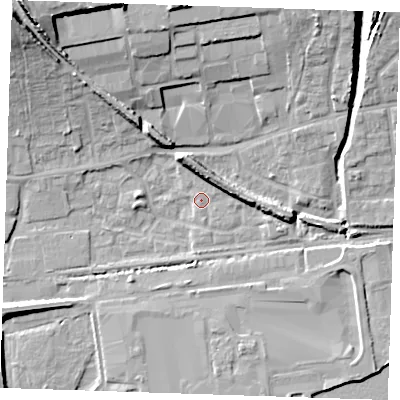 Shaded relief map of the ground around RM204AX, computed from Environment Agency LiDAR. The ground here sits at about 4 m above sea level and falls 20 m across the surrounding 800 m. Surface water reaching this point runs off ground lying to the north-north-west, 8.2 m higher.