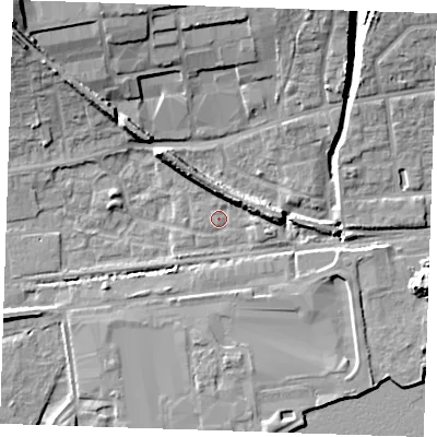 Shaded relief map of the ground around RM204AY, computed from Environment Agency LiDAR. The ground here sits at about 4 m above sea level and falls 17 m across the surrounding 800 m. Surface water reaching this point runs off ground lying to the north-east, 5.1 m higher.