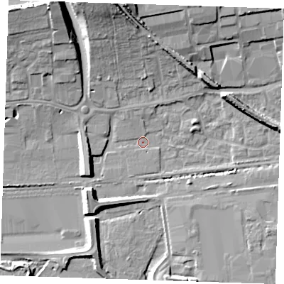 Shaded relief map of the ground around RM204BA, computed from Environment Agency LiDAR. The ground here sits at about 3 m above sea level and falls 17 m across the surrounding 800 m. Surface water reaching this point runs off ground lying to the north, 16.4 m higher.