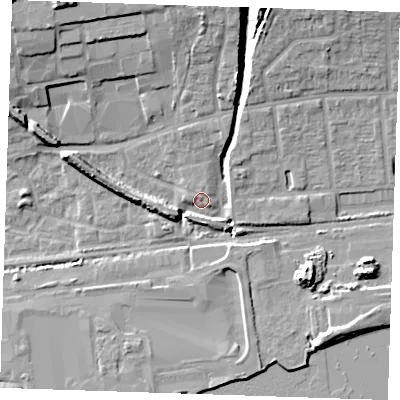 Shaded relief map of the ground around RM204BJ, computed from Environment Agency LiDAR. The ground here sits at about 5 m above sea level and falls 16 m across the surrounding 800 m. Surface water reaching this point runs off ground lying to the west-north-west, 8.2 m higher.